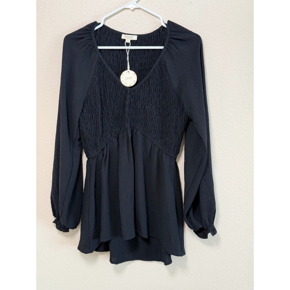 ODDY Black Smocked V-Neck Long Sleeve Peplum Blouse Top Medium NWT